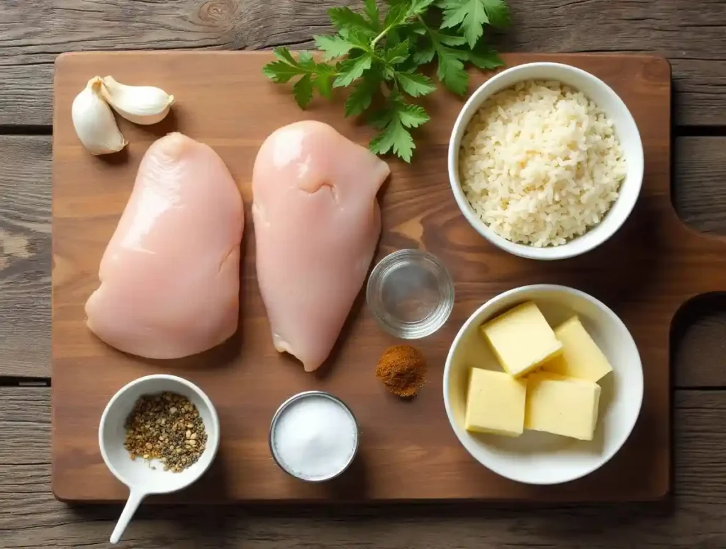 Fresh ingredients for Parmesan Chicken & Rice, including raw chicken breasts, Parmesan cheese, rice, garlic, and seasonings on a wooden cutting board.