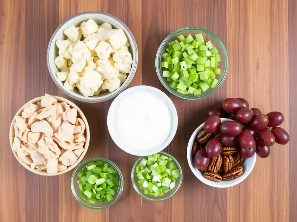  A collection of fresh and creamy ingredients for chicken salad with cream cheese, arranged in small bowls on a wooden surface.