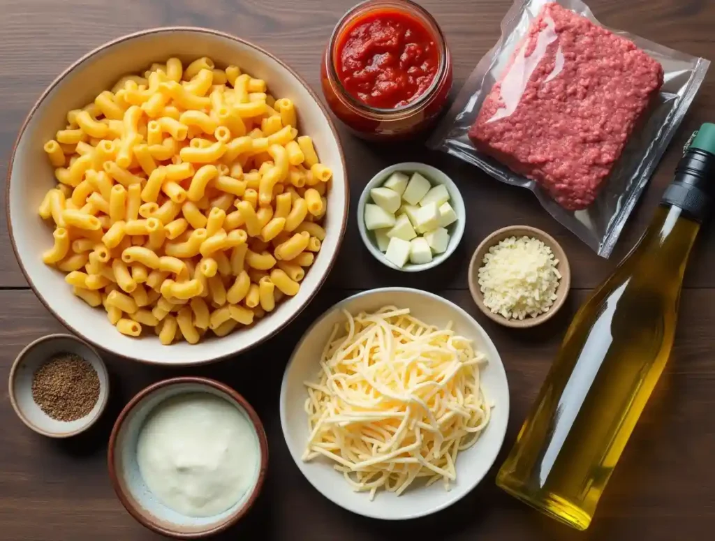 A flat-lay shot of beefaroni ingredients, including pasta, ground beef, tomato sauce, cheese, and seasonings on a wooden countertop.