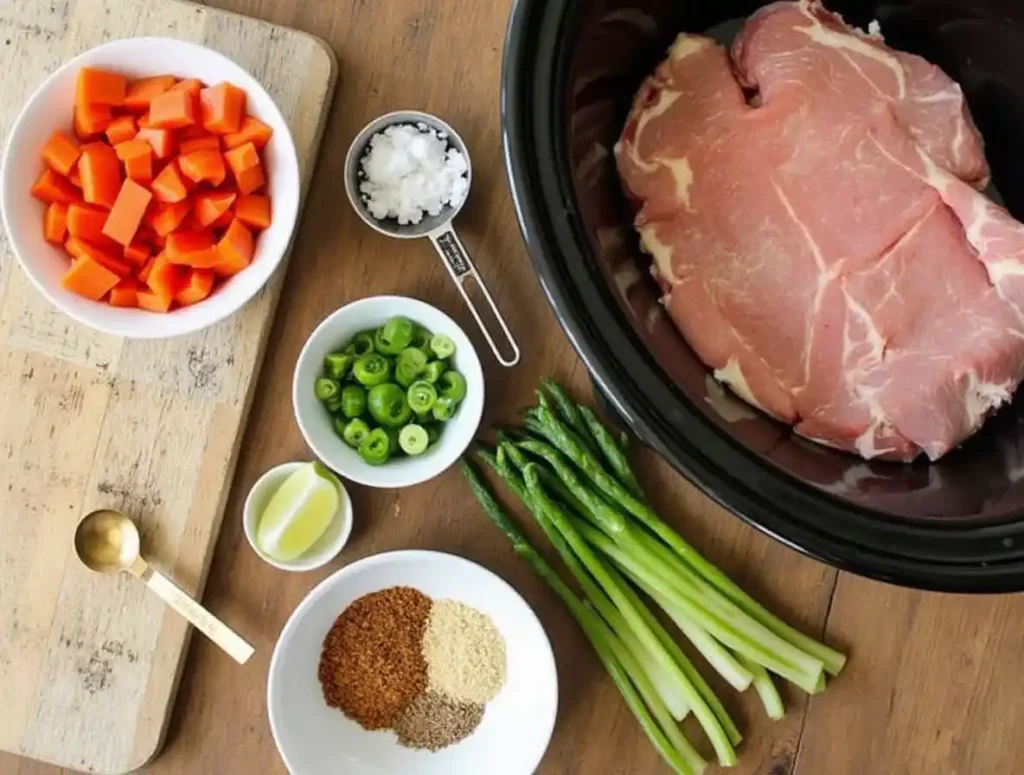 A variety of fresh ingredients prepared for a 2-quart slow cooker meal, including vegetables, meats, and seasonings.