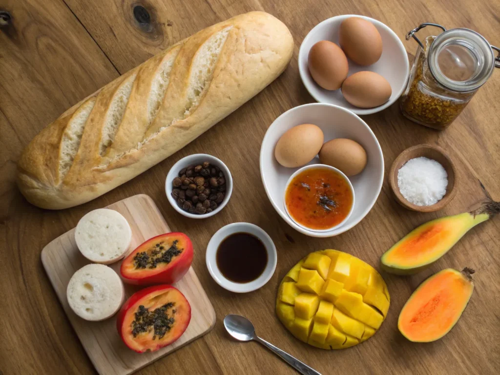 Fresh ingredients for a Cuban breakfast, including Cuban bread, coffee, eggs, plantains, butter, and spices, displayed on a wooden surface.