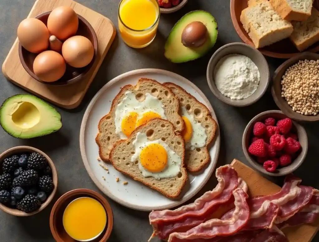 A selection of fresh ingredients used in the Bread Co breakfast menu, including eggs, avocados, bacon, and berries.