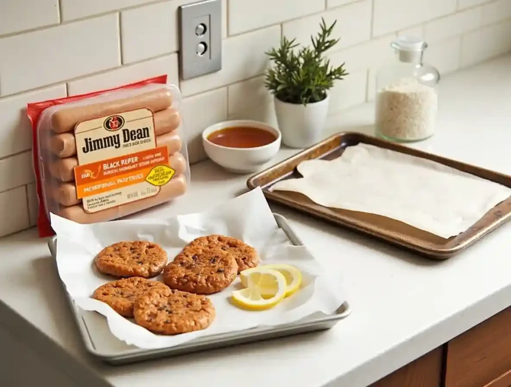 A package of Jimmy Dean breakfast sausage, baking essentials, and optional seasonings neatly arranged on a kitchen counter.