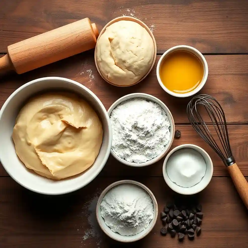 Essential ingredients for braided chocolate chip brioche, including flour, eggs, butter, chocolate chips, and yeast, arranged on a wooden countertop