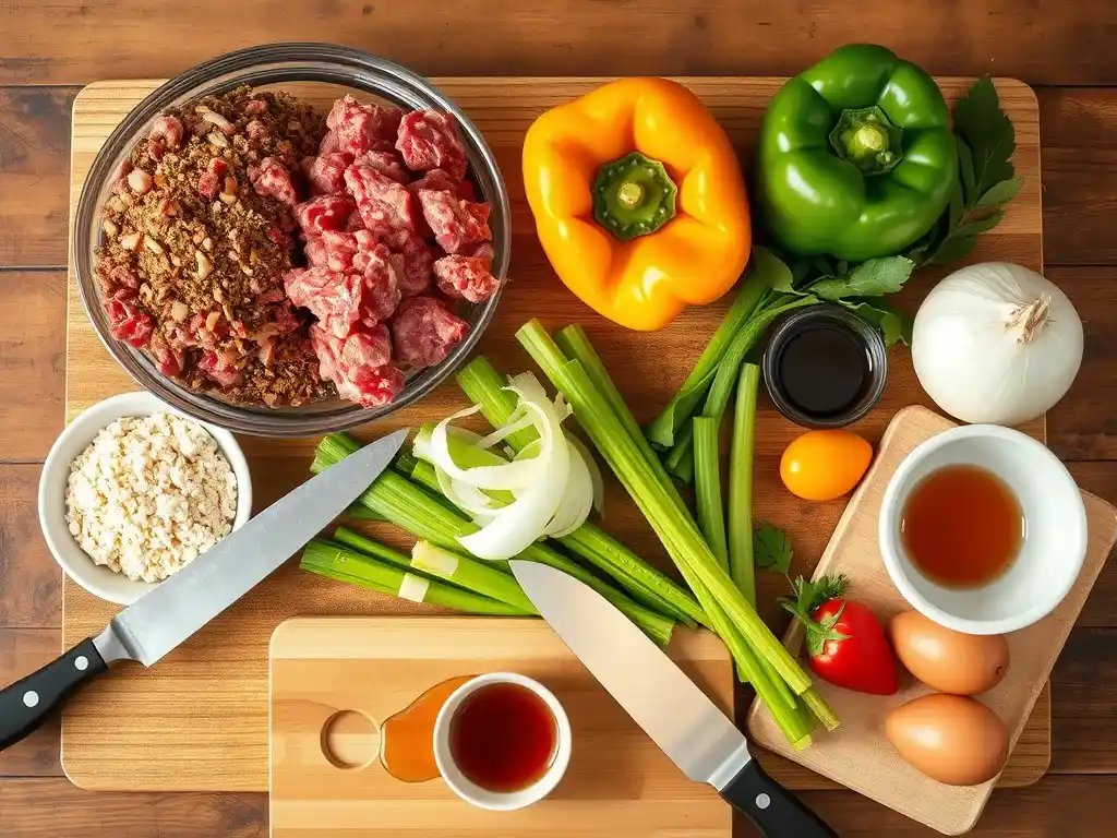 Fresh ingredients for Creole meatloaf, including ground beef, Creole seasoning, bell peppers, onions, and breadcrumbs, arranged on a wooden countertop.