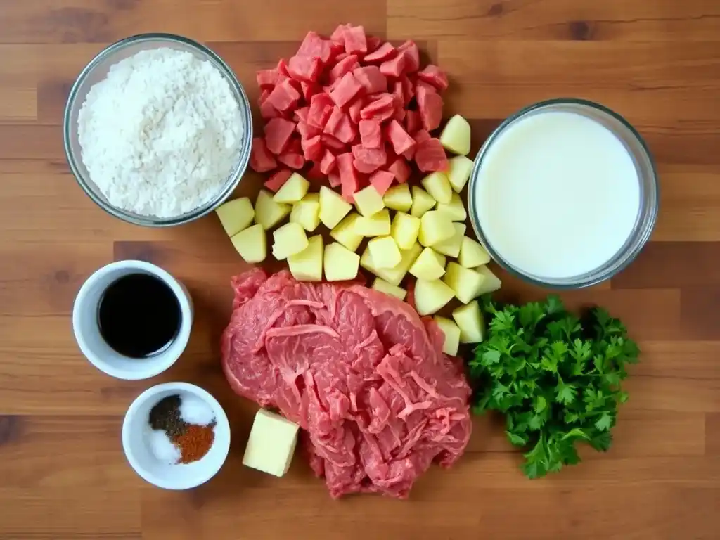 Fresh ingredients for Chipped Beef Flour Dumplings Potatoes, including chipped beef, diced potatoes, flour, butter, and seasoning, displayed on a wooden countertop.