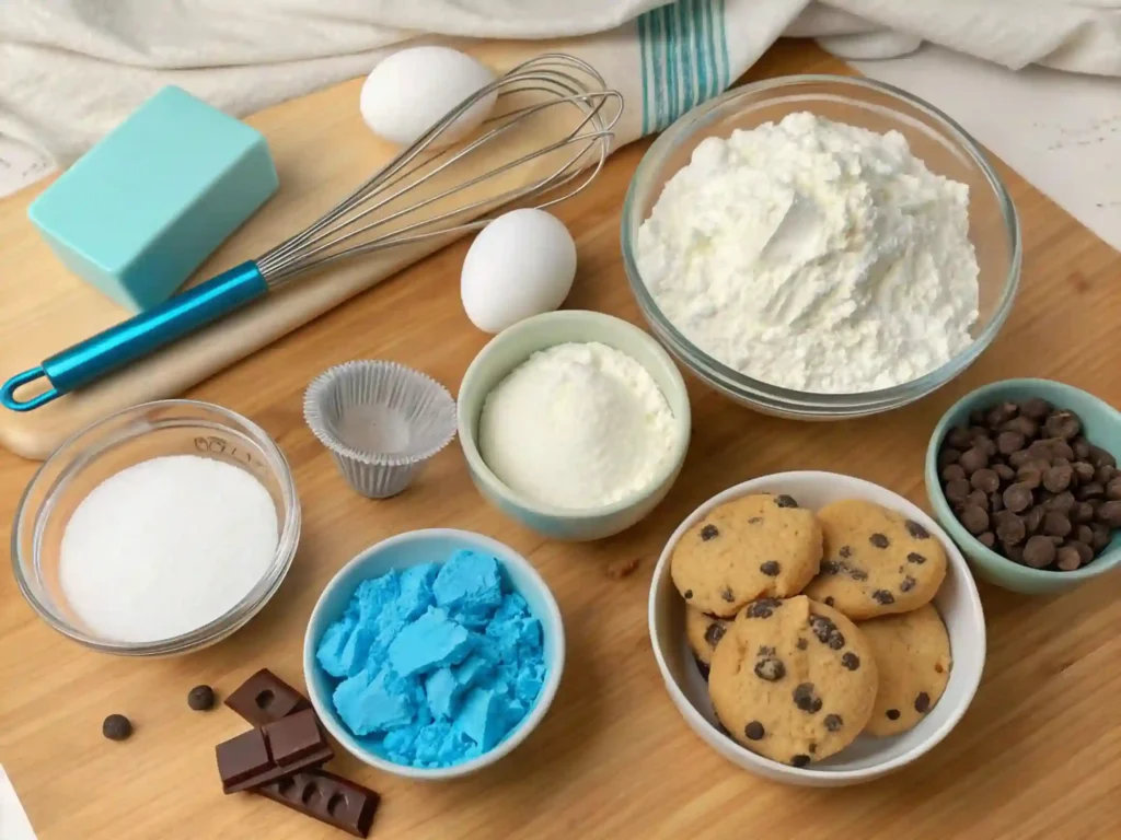 Cookie Monster Cake ingredients arranged on a wooden kitchen counter.