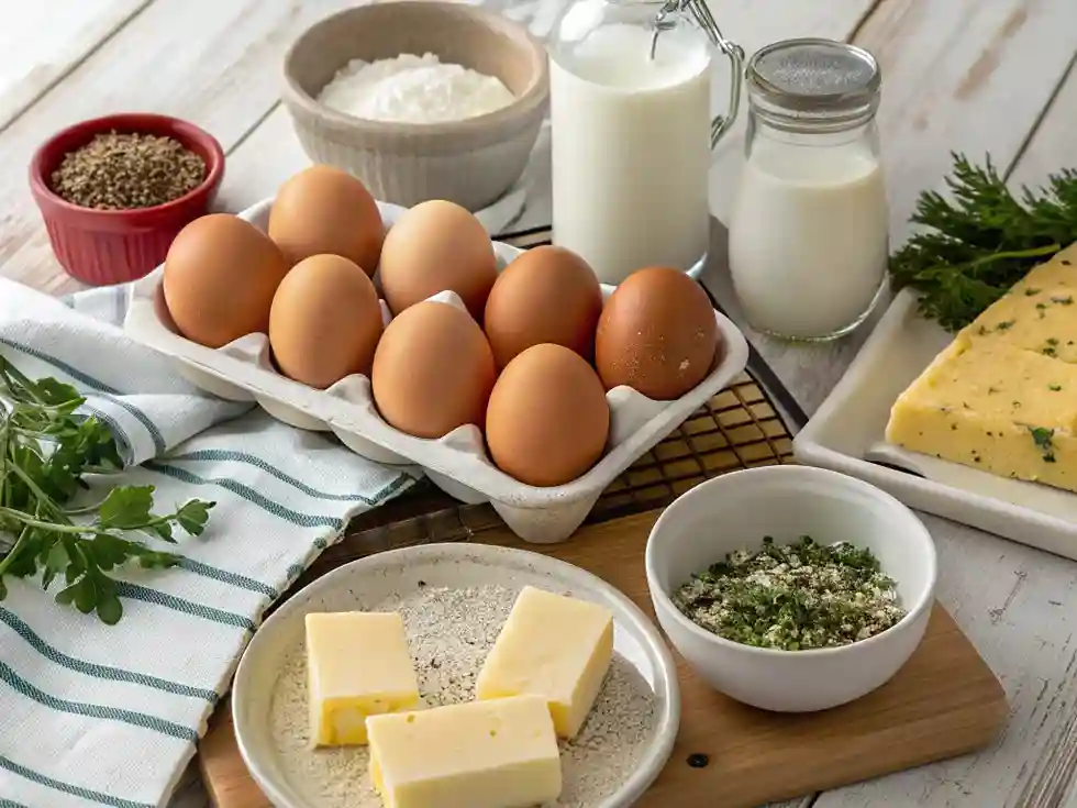 Fresh ingredients for making perfect scrambled eggs, including eggs, butter, and seasonings.