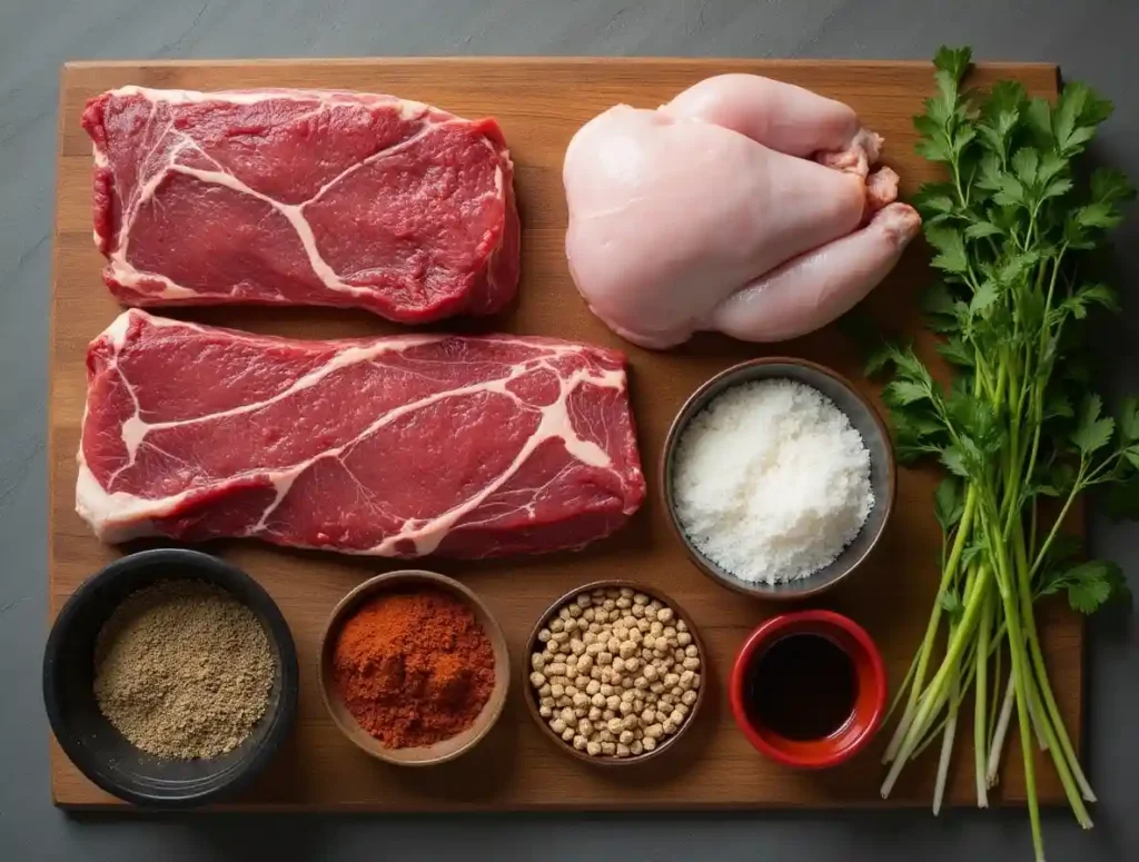 A flat lay of pellet smoker recipe ingredients, featuring raw meats, spices, BBQ sauce, and wood pellets on a rustic wooden board.