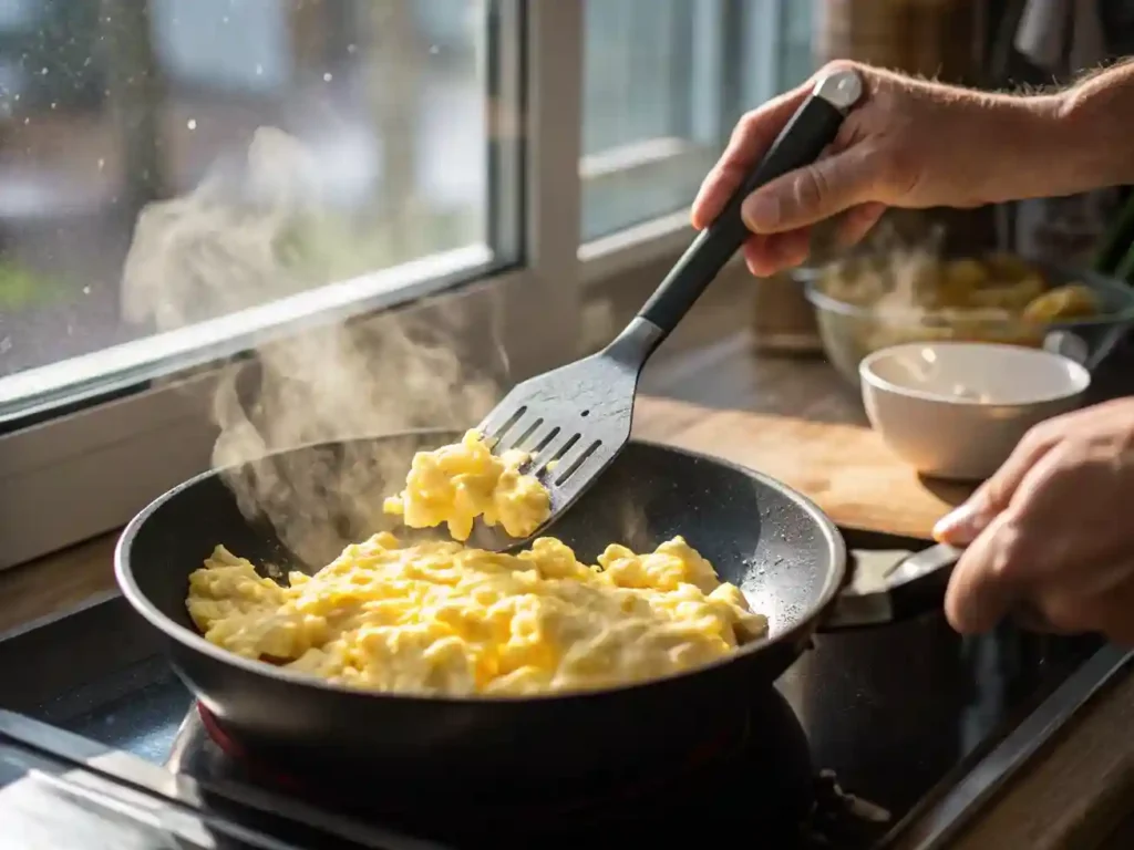 A chef stirring creamy scrambled eggs in a pan over low heat for perfect texture