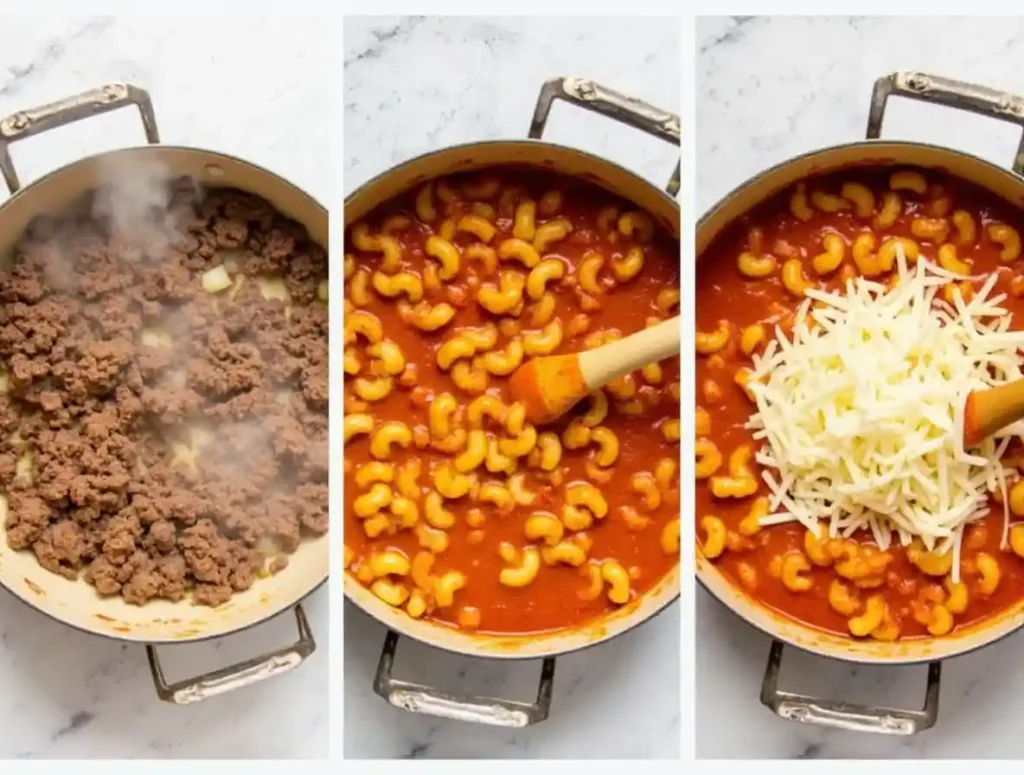 A sequence of cooking beefaroni, from browning beef to mixing pasta and sauce, finished with melted cheese.