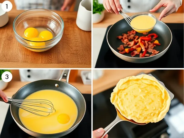 Step-by-step process of making a bacon, bell pepper, and vegan cheese omelette in a kitchen