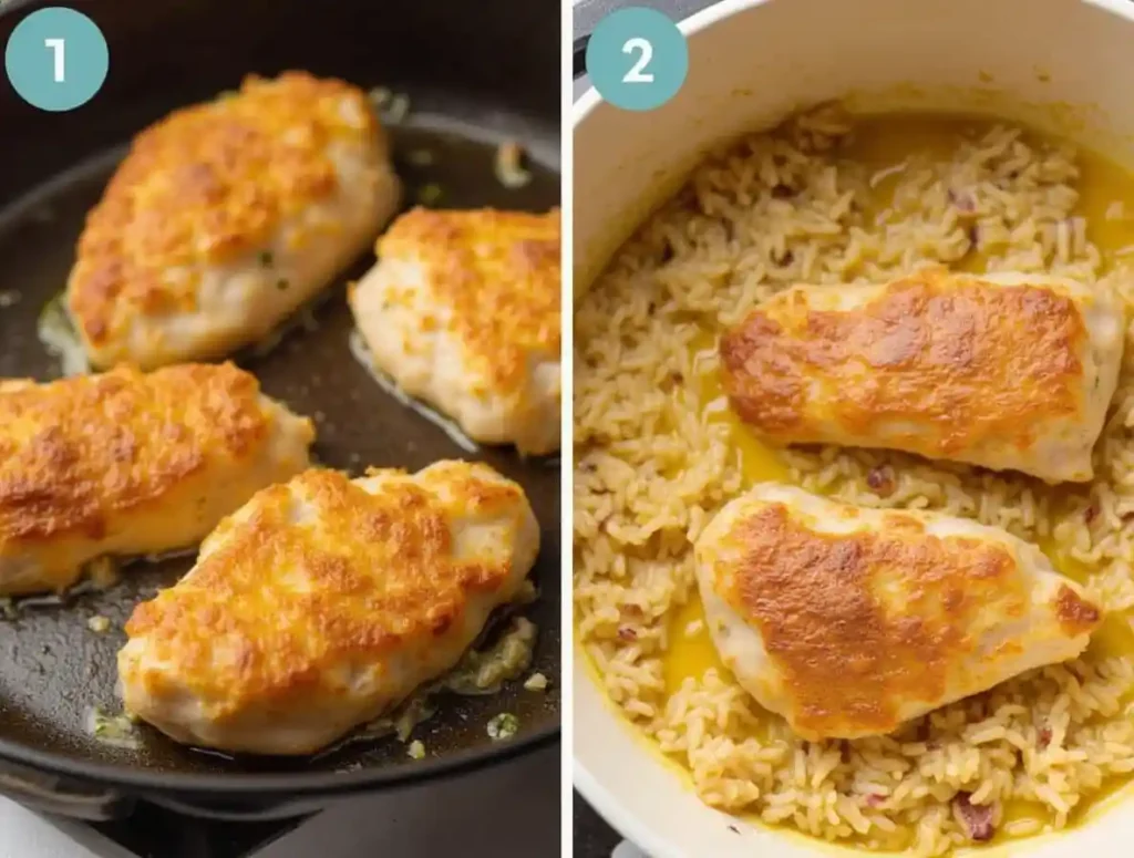 Golden-crusted Parmesan chicken searing in a skillet while creamy garlic rice simmers in the background.