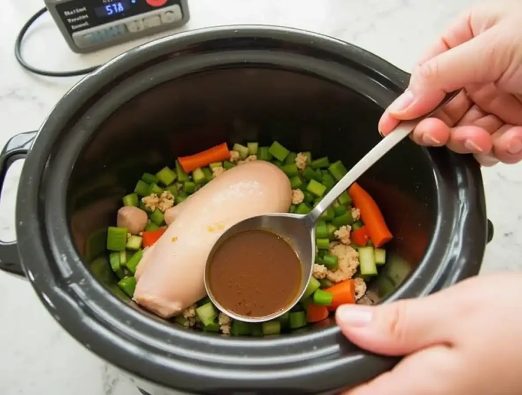 A home cook adding ingredients to a 2-quart slow cooker, showcasing an easy step-by-step meal prep process for a perfect slow-cooked dish.