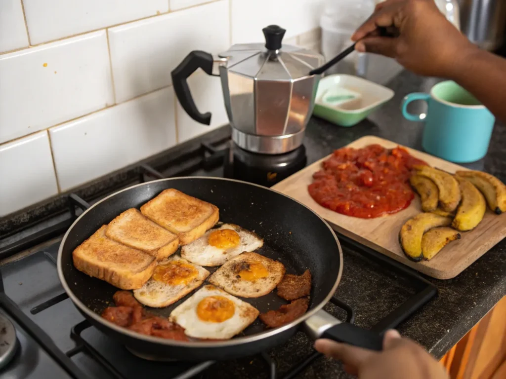 Cuban breakfast in the making: coffee brewing, bread toasting, eggs cooking in tomato sauce, and plantains caramelizing.