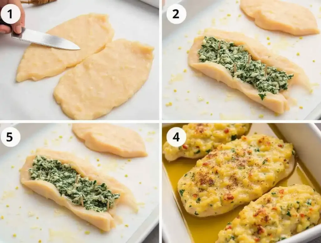 Step-by-step process of preparing baked stuffed chicken breast, from slicing to stuffing and baking.