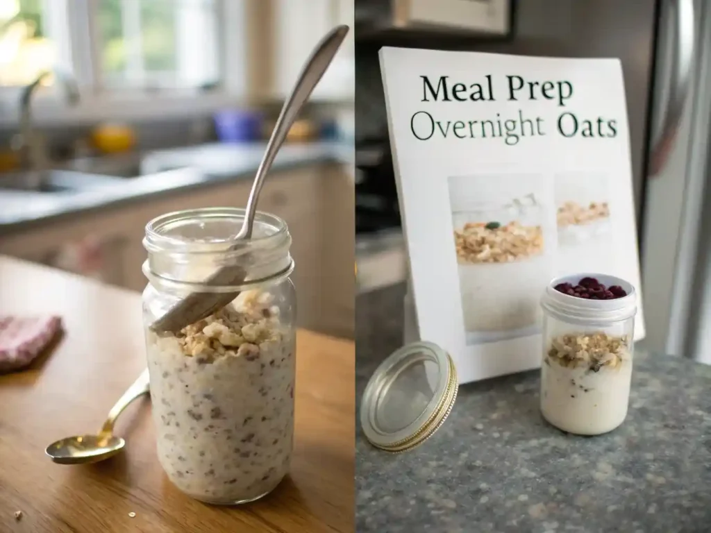 Step-by-step preparation of high-protein overnight oats, including layering ingredients in a jar and storing them in the fridge.