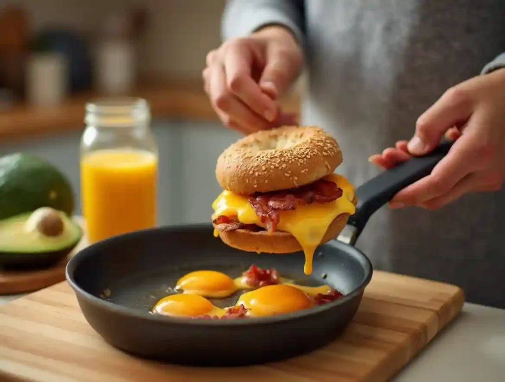 A home-cooked breakfast sandwich inspired by the Bread Co breakfast menu, being prepared with eggs, bacon, and toast.