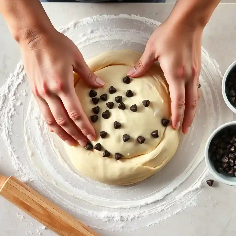 Baker’s hands kneading soft brioche dough with chocolate chips on a floured surface, preparing for braiding.