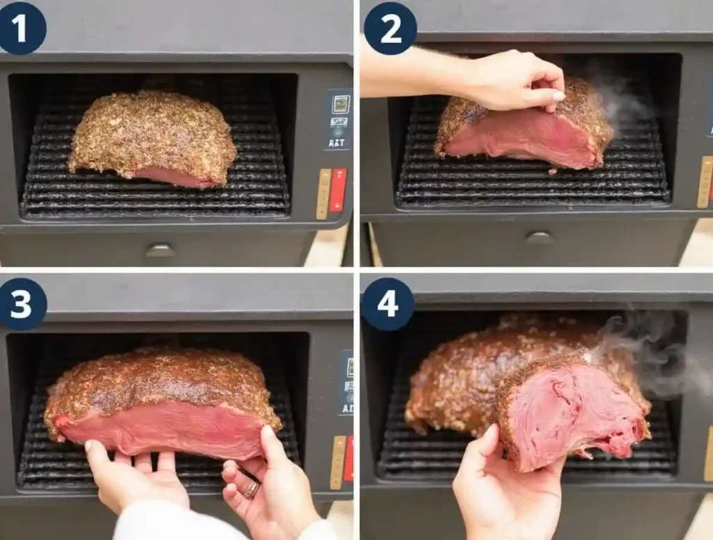 Step-by-step images of seasoning meat, placing it in a pellet smoker, monitoring temperature, and slicing perfectly smoked brisket.