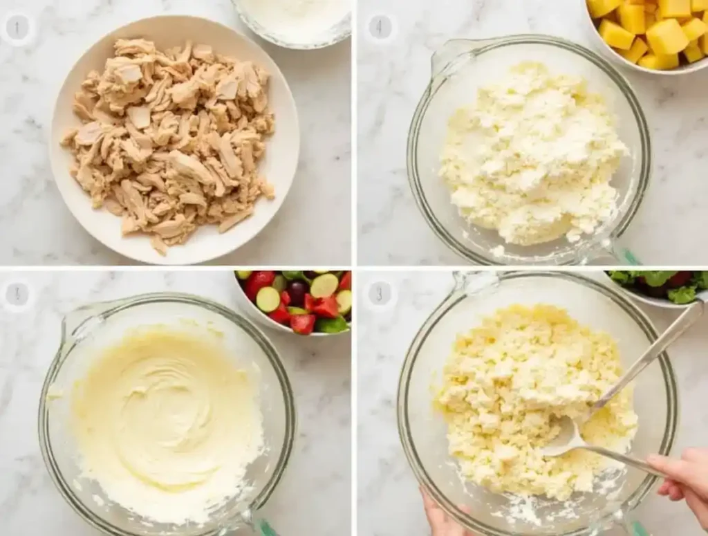 Step-by-step preparation of chicken salad with cream cheese, including shredding chicken, mixing dressing, and combining ingredients in a large bowl.