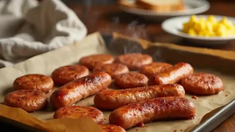 Golden-brown Jimmy Dean breakfast sausage in the oven, sizzling on a baking sheet, perfectly crispy and ready to be served with eggs and toast.