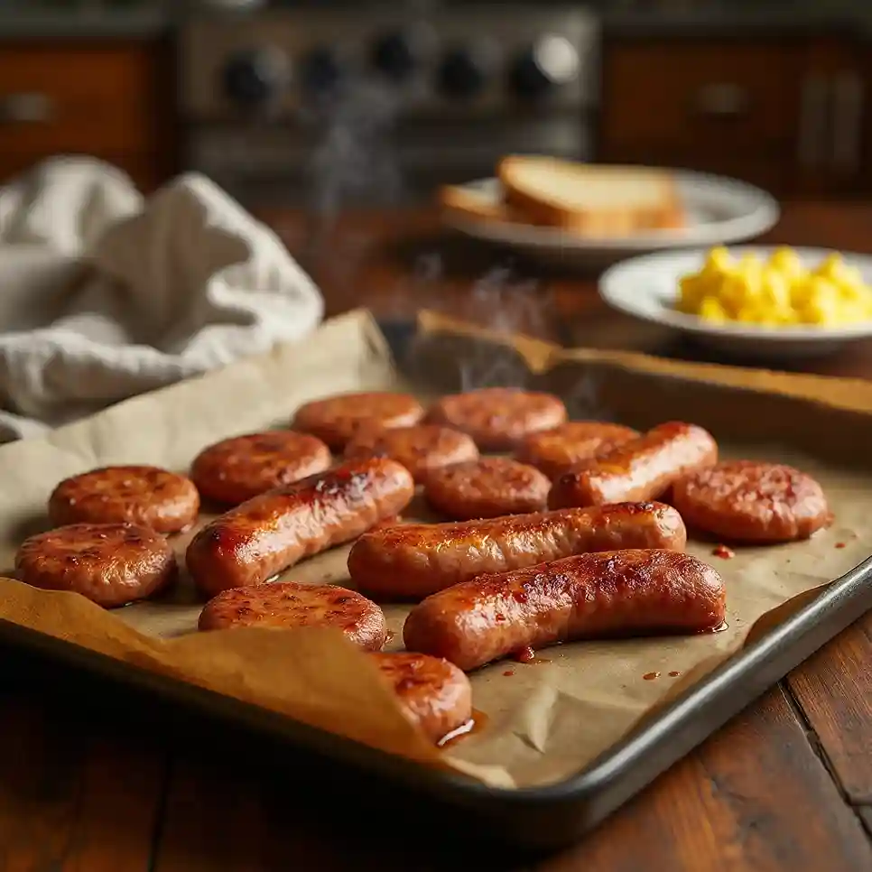 Golden-brown Jimmy Dean breakfast sausage in the oven, sizzling on a baking sheet, perfectly crispy and ready to be served with eggs and toast.