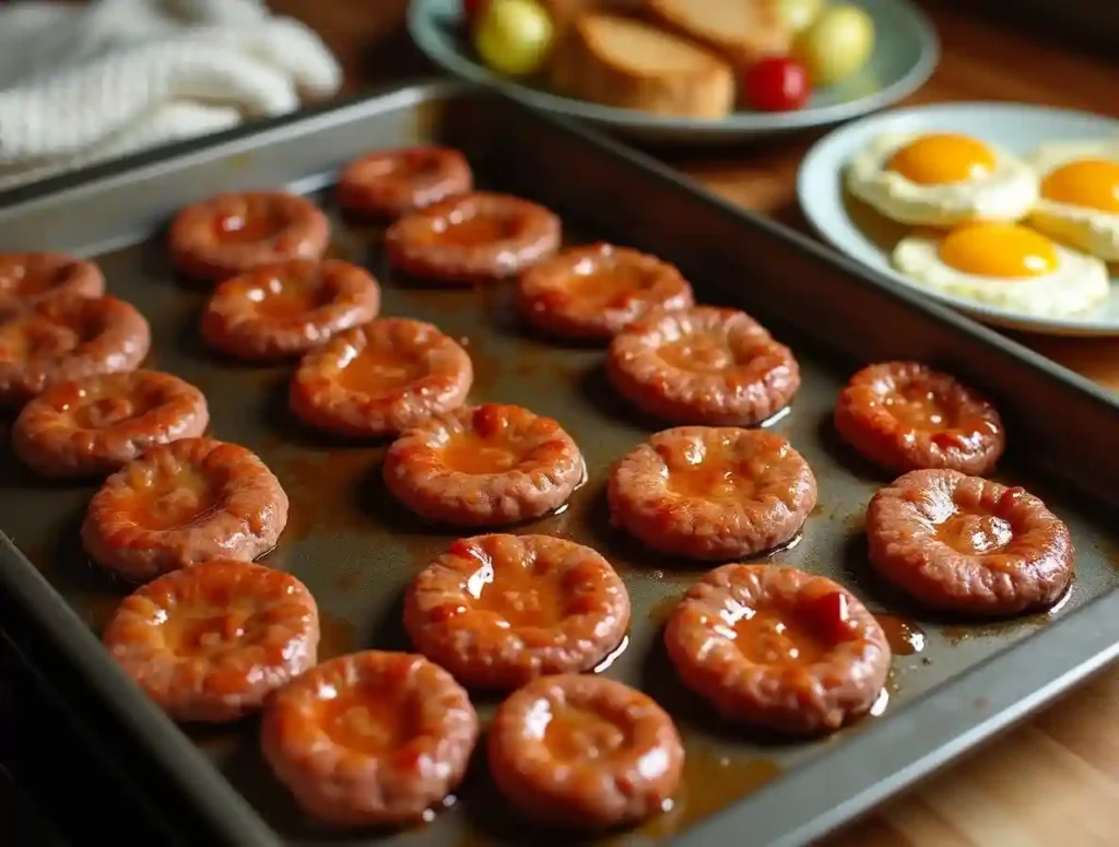 Golden-brown Jimmy Dean breakfast sausage links and patties cooking in the oven, sizzling and perfectly crisp.