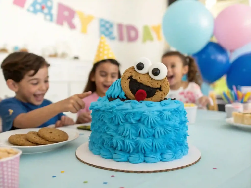 A Cookie Monster Cake on a decorated party table, surrounded by children and colorful balloons.