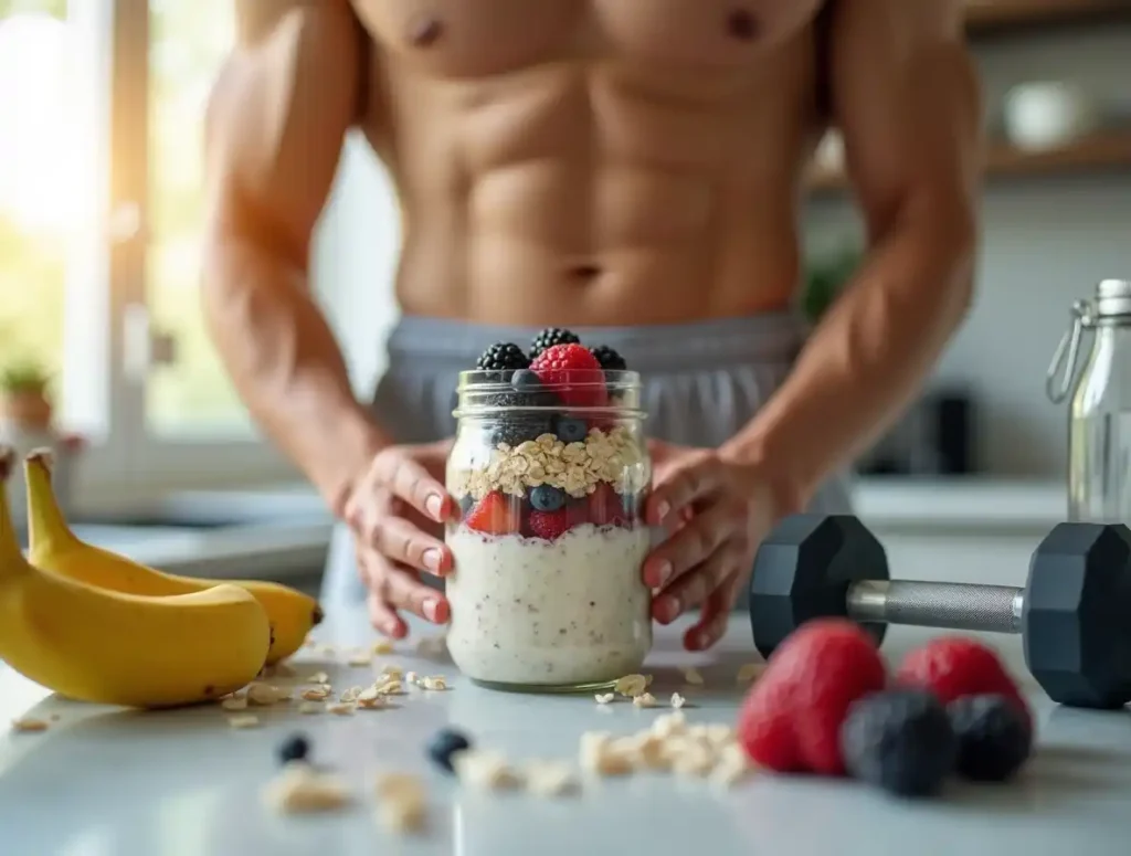 A fitness enthusiast enjoying high-protein overnight oats in a bright kitchen with a dumbbell and fresh ingredients nearby.