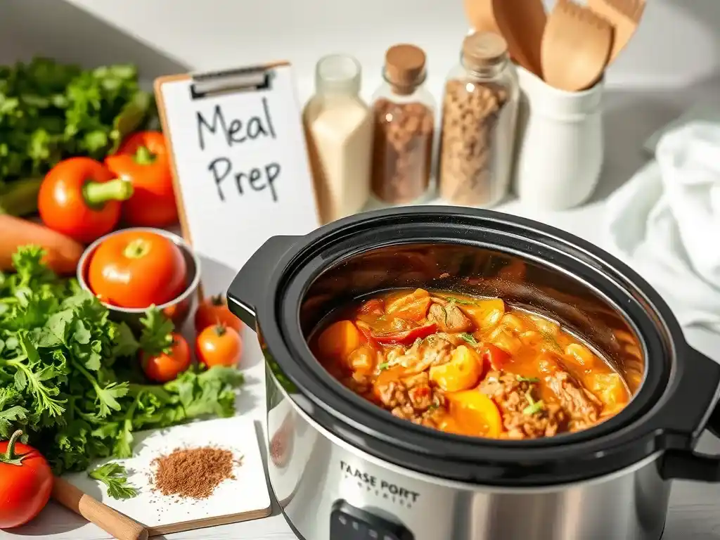 A 2-quart slow cooker on a countertop, surrounded by fresh ingredients, highlighting its convenience for effortless home cooking.