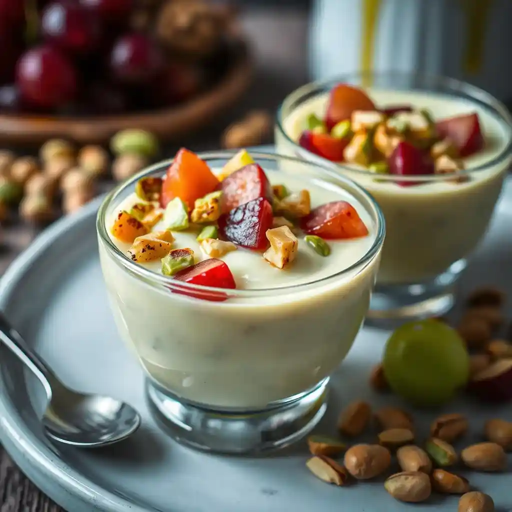 Creamy Pistachio Pudding Recipe with Grapes, elegantly topped with toasted pistachios and served on a rustic wooden table for a visually appealing dessert.