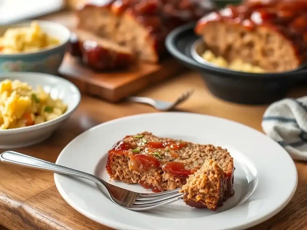 A plate of Meatloaf Recipe Creole with a rich glaze, served with Cajun rice and cornbread in a rustic Southern kitchen setting.