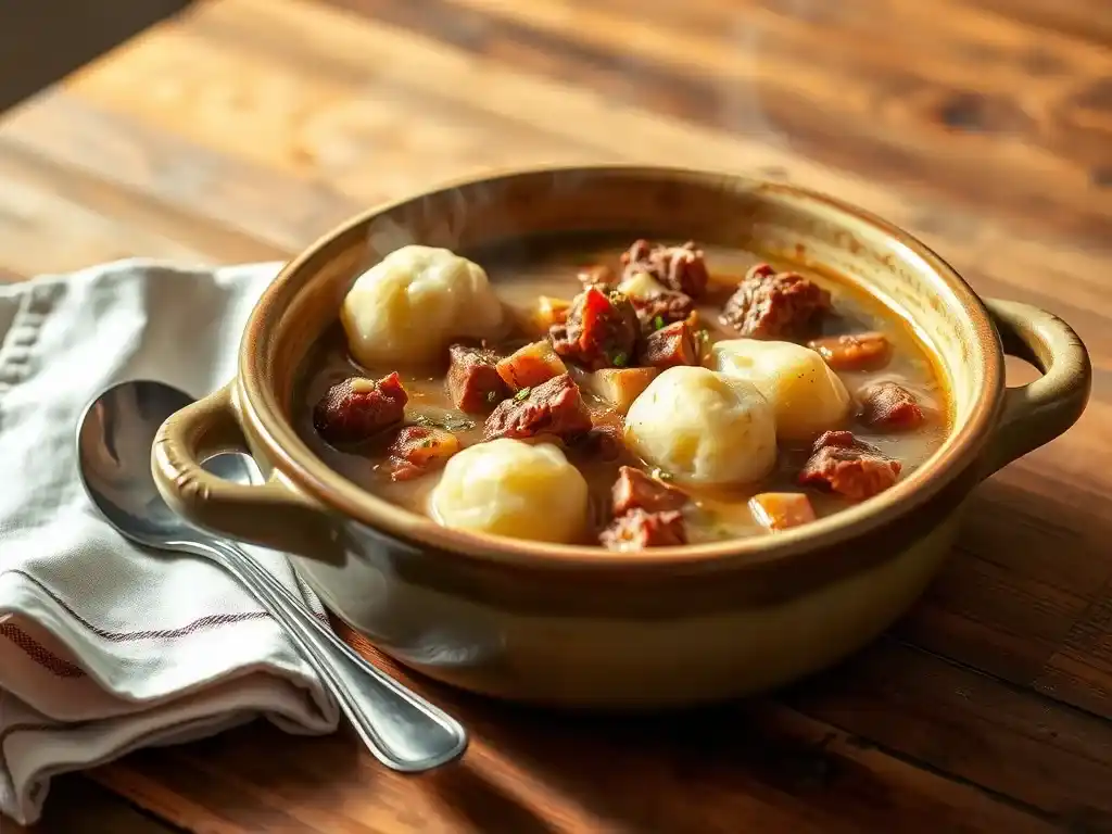 A steaming bowl of Chipped Beef Flour Dumplings Potatoes, served in a rustic dish with a creamy broth, fluffy dumplings, and tender beef.