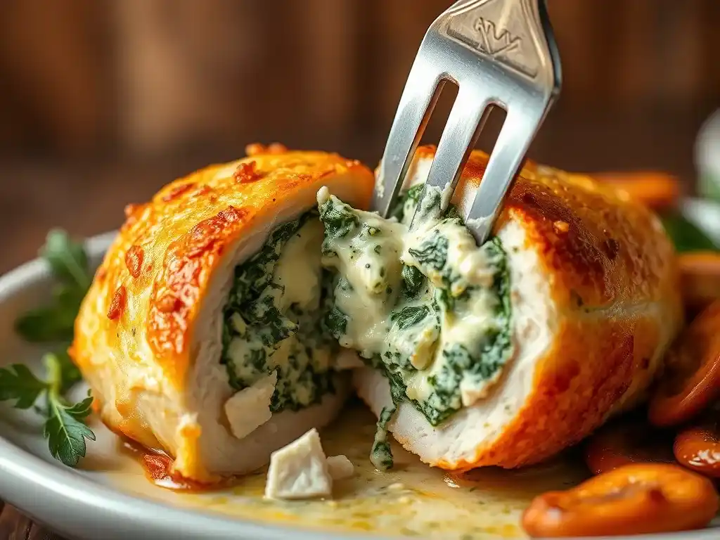 A sliced baked stuffed chicken breast with a cheesy spinach filling, served on a plate with fresh herbs.