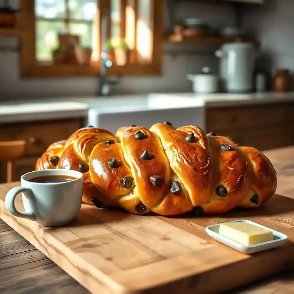 Freshly baked braided chocolate chip brioche with a glossy golden crust and melted chocolate chips on a rustic wooden table.