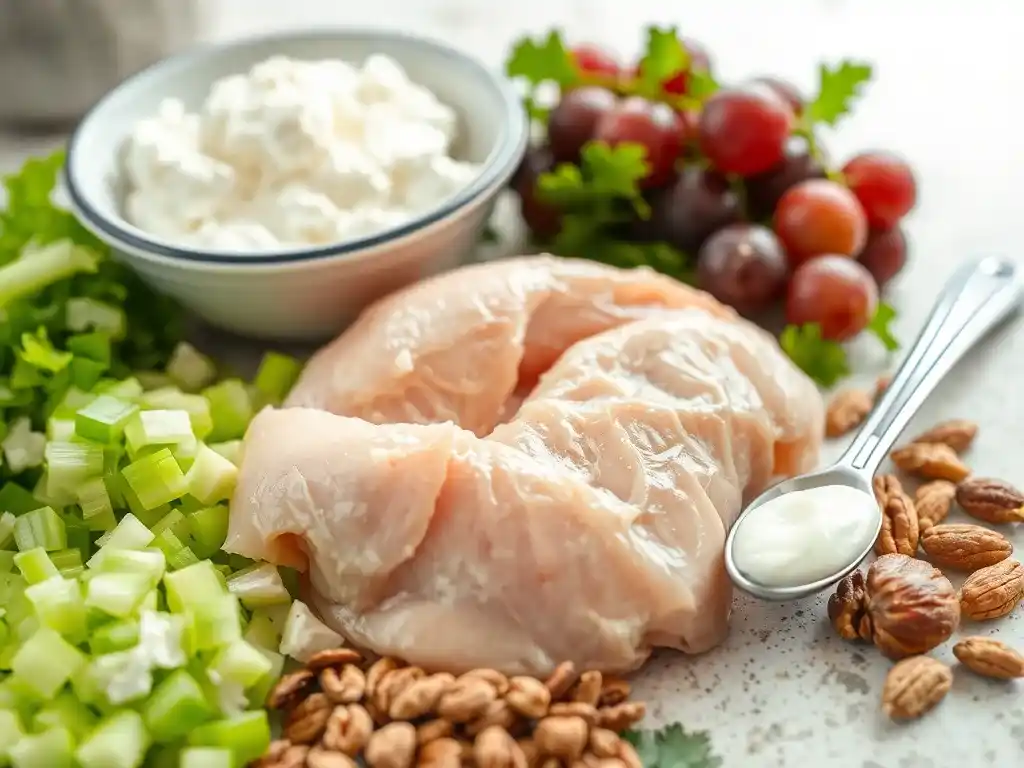 Fresh ingredients for making chicken salad with cream cheese, including chicken, cream cheese, celery, grapes, and nuts, displayed on a kitchen counter.