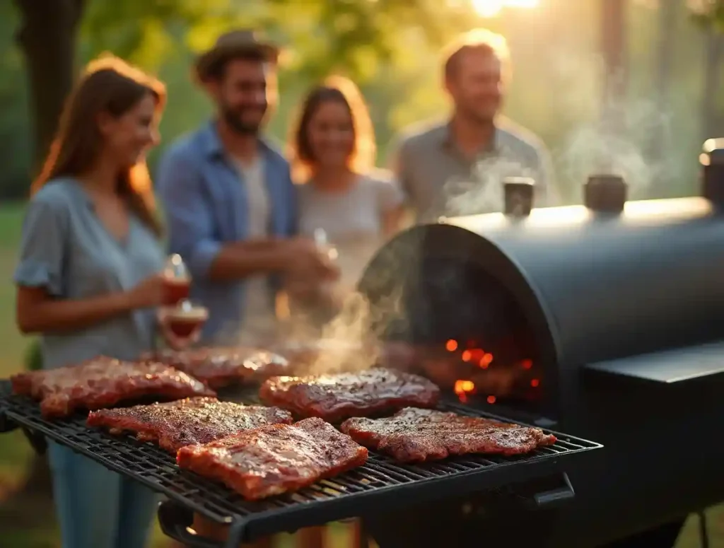 A pellet smoker in a backyard setting with delicious smoked meats, ribs, and brisket, as friends gather around enjoying BBQ.