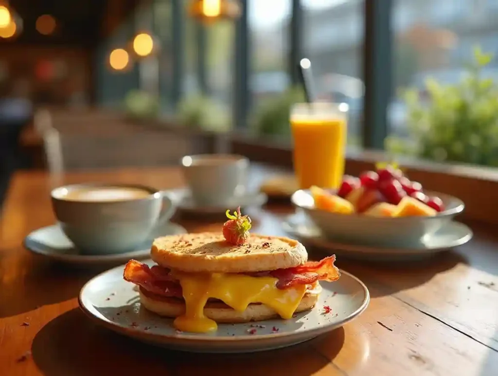 A delicious assortment of breakfast options from the Bread Co breakfast menu, including a sandwich, fruit bowl, coffee, and smoothie.