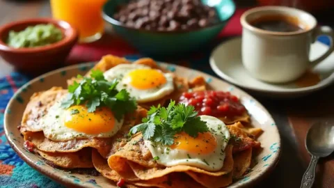 Delicious Mexican breakfast dish with chilaquiles, eggs, and salsa, served with black beans and coffee for a hearty and flavorful morning meal.