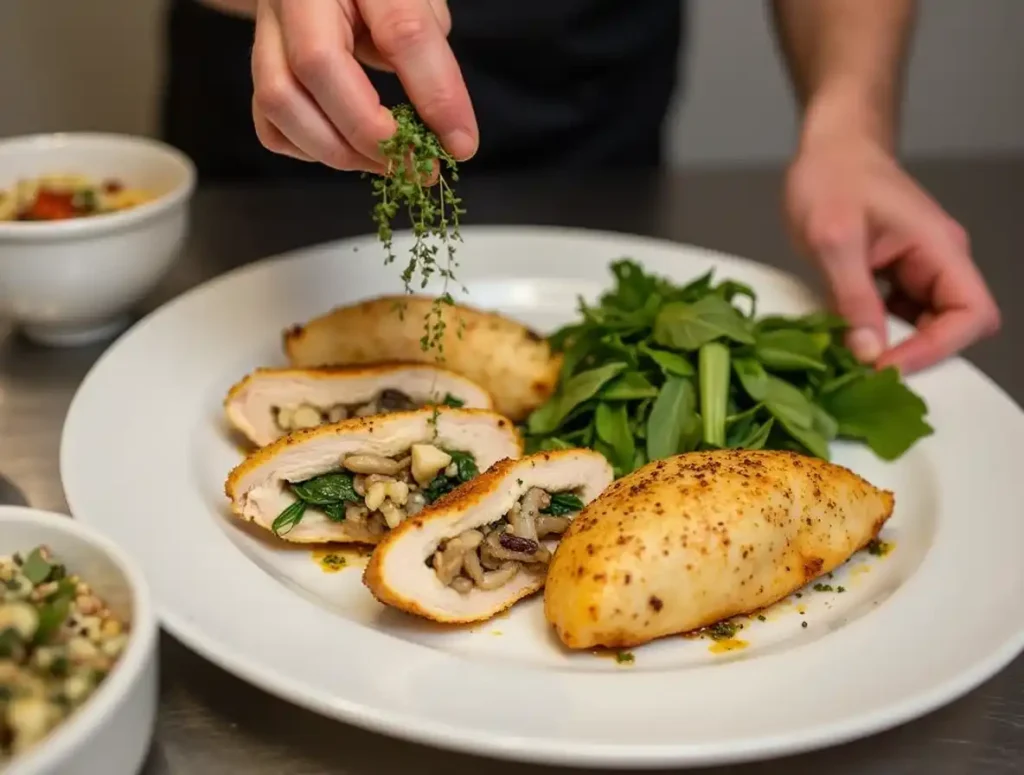 Three variations of baked stuffed chicken breast, each with a unique filling, arranged on a wooden board.