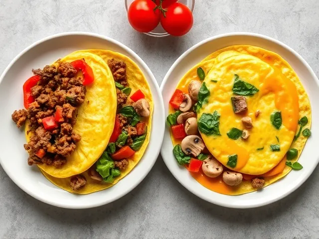 Two different variations of a bacon, bell pepper, and vegan cheese omelette, highlighting creative options.