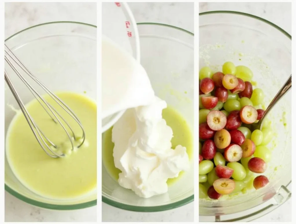 Step-by-step process of preparing a Pistachio Pudding Recipe with Grapes, from mixing and folding to adding fruit.