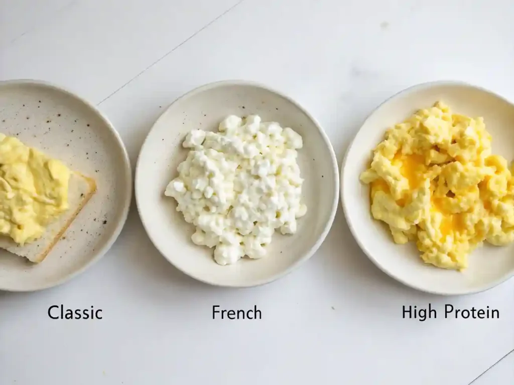 Three variations of scrambled eggs—classic, creamy French-style, and high-protein—presented side by side.