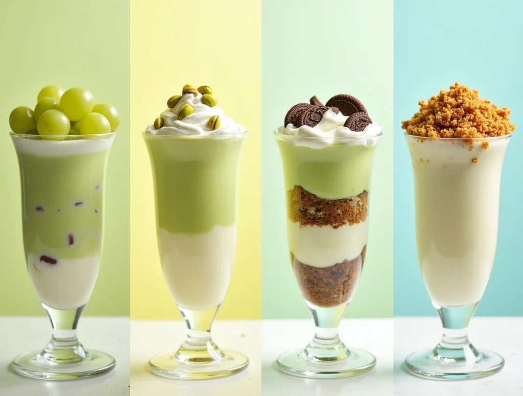 Different variations of a Pistachio Pudding Recipe with Grapes, including classic, cheesecake-style, parfait, and dairy-free options.