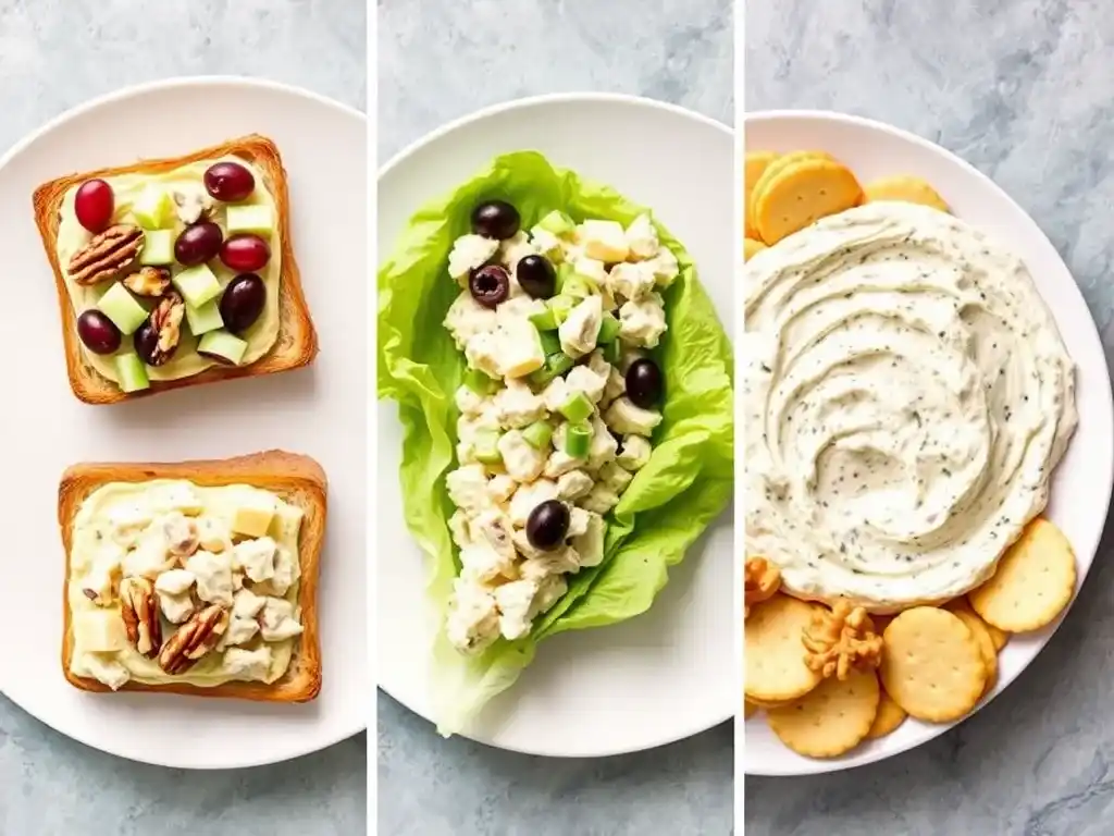 Three variations of chicken salad with cream cheese, served on toast, in a lettuce cup, and as a dip with crackers.