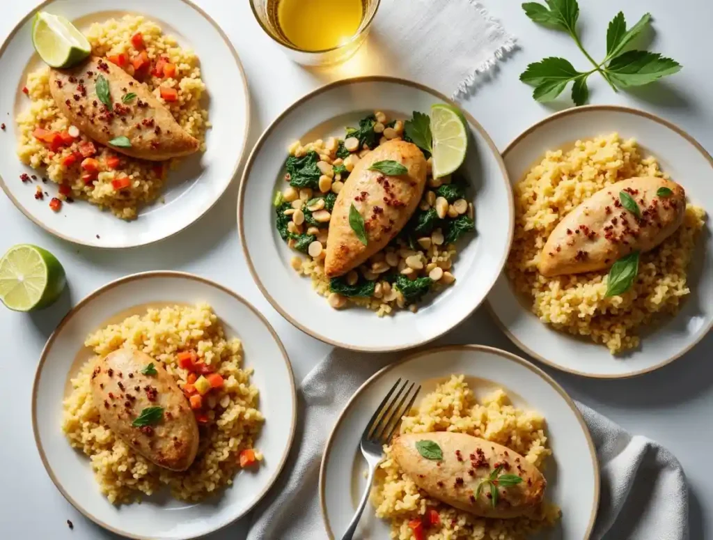 Three variations of Parmesan Chicken & Rice: classic, spicy with red pepper flakes, and a low-carb cauliflower rice version