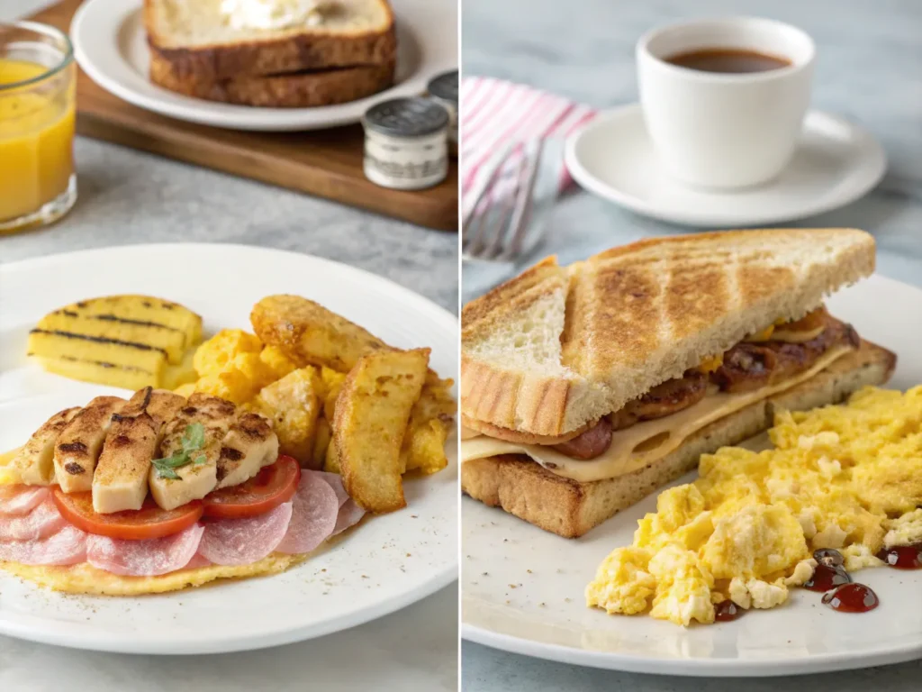 Variations of a Cuban breakfast, including a classic plate, a breakfast sandwich, and a sweet plantain toast version.