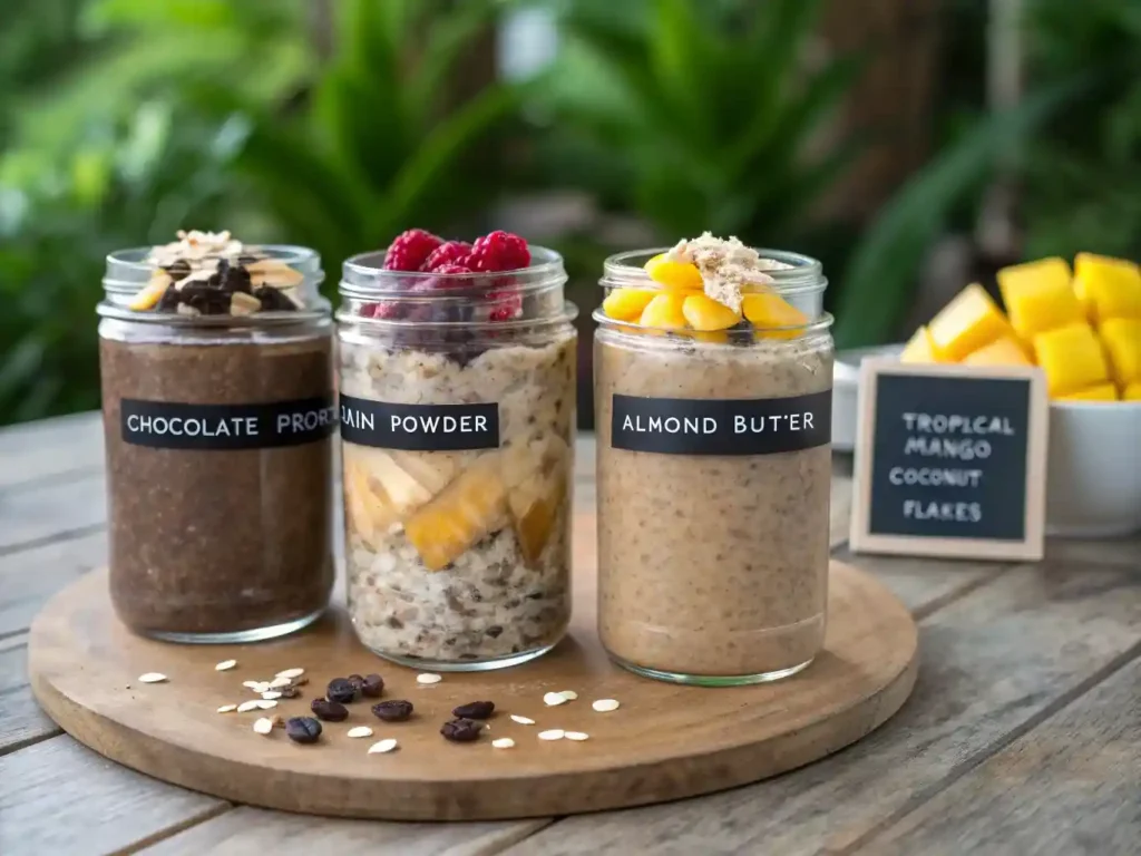 Three variations of high-protein overnight oats: chocolate-almond, berry-chia, and tropical mango-coconut.