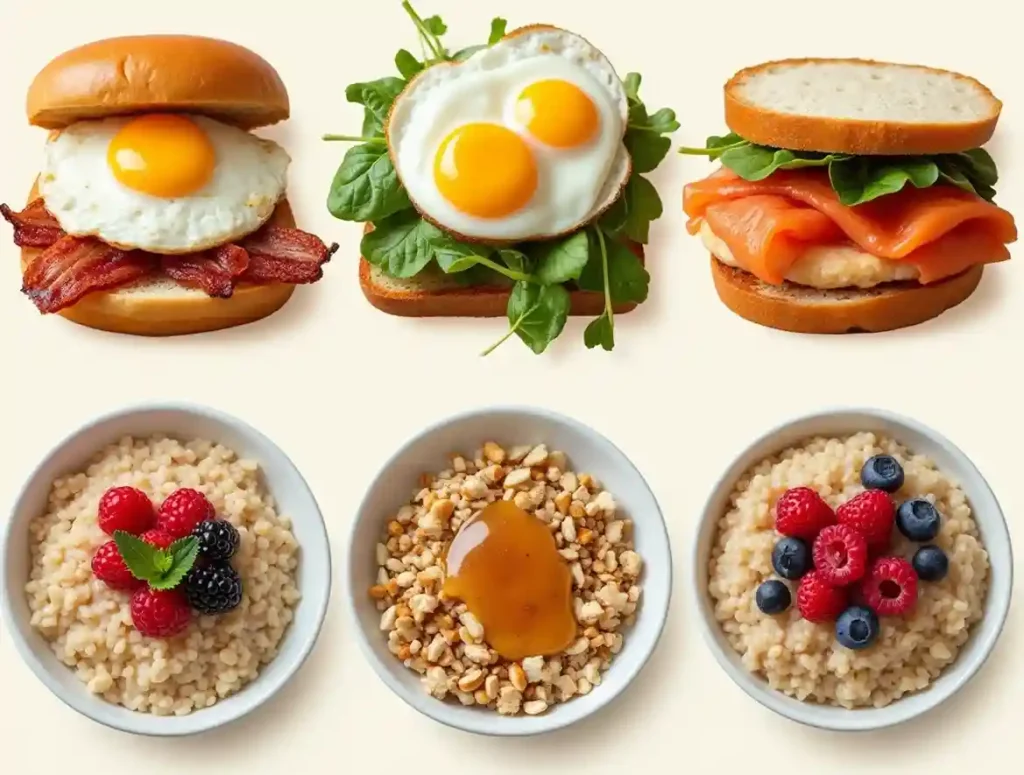 A variety of customizable breakfast sandwiches and oatmeal bowls inspired by the Bread Co breakfast menu.